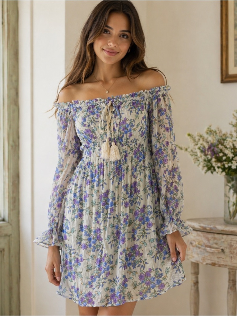 NWOT Boho Off Shoulder Floral Mini Dress Tassel Pockets S